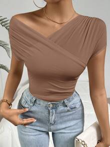 SHEIN Privé Women Solid Color Asymmetric Collar Short Sleeve Fitted T-Shirt - Khaki - View 5