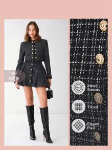 Enchnt Spring/Summer Romantic Women's Black Plaid Fashionable Metal Buttons Decor Long Sleeve Fringe Casual Tweed Jacket,Sweet&Elegant Outfit For Party And Sweet Date Night &Holiday & Graduation Dress&Daily Commuting&Vacation - Black - View 1