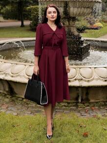 Vintamour 复古优雅女式中长连衣裙，夏秋季修身蝴蝶结腰泡泡袖连衣裙，卡其色感恩节女装秋季服装优雅女装蝴蝶结连衣裙情人节情人节服装女士连衣裙优雅教堂服装女士红色连衣裙优雅 - 酒紅色 - 查看 5