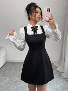 Elenzga 2 件套女士优雅衬衫裙套装 - 黑色 - 查看 5