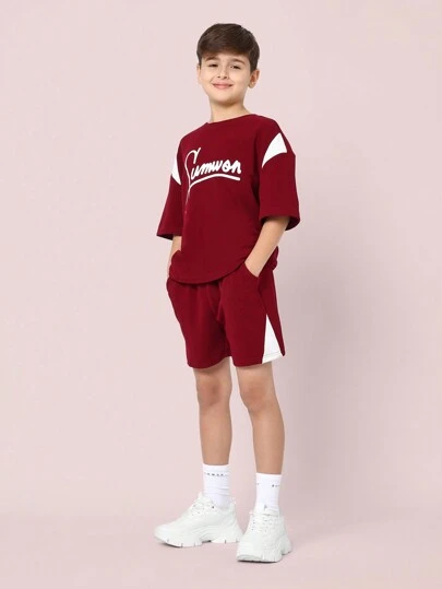  SUMWON Youth Athletic Set Casual Two-Piece Outfit Varsity Sports Short Sleeve T-Shirt And Shorts Matching Summer Holiday Lightweight Comfortable Sporty Streetwear School Activewear Vacation