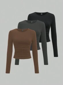 SHEIN Unity 女士纯色圆领长袖休闲修身上衣