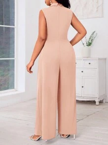 SHEIN Lady Plus Size Nude Elegant Sleeveless Jumpsuit With Pearl Buttons And High Slit - Khaki - View 4