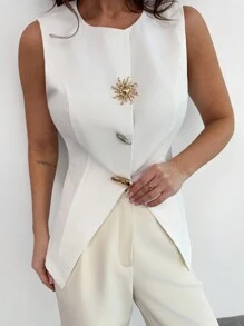 Firerie Festival Minimalist Elegant Daily Office Vintage Style White Sleeveless Top With Metal Decor And Slit Hem, Spring/Summer, Valentine's Day, Graduation, Teacher For Women, Back To School - White - View 5