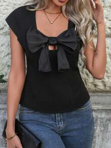 SHEIN Clasi Women's Solid Color Elegant Square Neck Collar Front Satin Bow Decor Patchwork Short Sleeve Blouse, Spring/Summer Valentine's Day - Black - View 5
