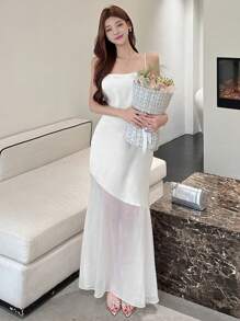 DAZY 女式白色透明网眼拼接长款吊带裙，春夏 FirstDateOutfits 优雅正式女装 - 白色 - 查看 5