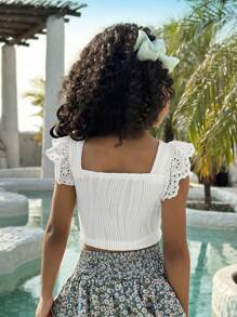 Young Girl Textured Material Patchwork Vacation Stylish Camisole Top - White - View 2