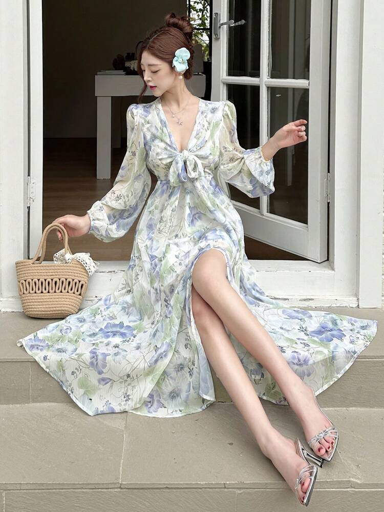 Women's Floral Print Tie-Up Midi Dress,Fall Dress Long Sleeve Dress Vacation Outfits Women Boho