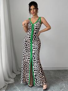 Elenzga 女式豹纹前开衩性感无袖 V 领低胸紧身对称领连衣裙 - 彩色 - 查看 5