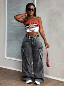 SHEIN Slayr Women's Street Style Utility Cargo Straight Leg Denim Jeans