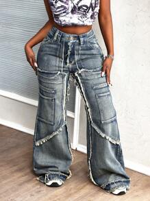 SHEIN Slayr Women Frayed Edge Pocket Loose Fit Casual All-Match Wide Leg Jeans - Blue - View 1