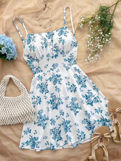 Soleia Vestido corto de línea A con tirantes de espagueti y espalda abierta con estampado de flores azul y blanco, adecuado para vacaciones, fiesta, como capa inferior en otoño/invierno