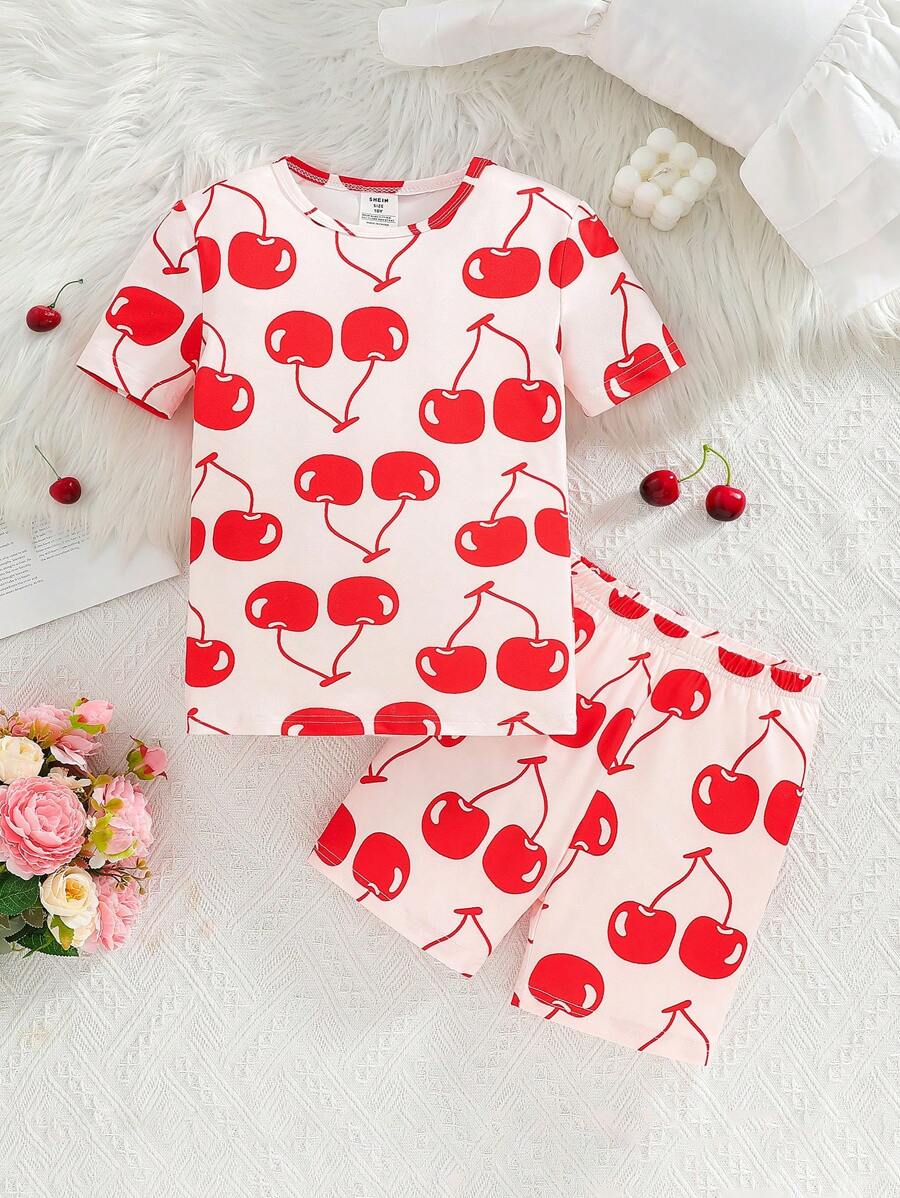 2pcs Tween Girls Cherry Print Pink Round Neck Short Sleeve Top And Shorts Snug Fit Pajama Set - Baby Pink - View 1