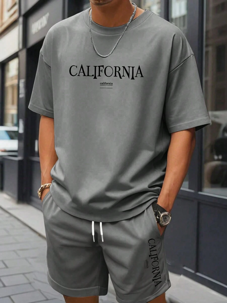 Manfinity Homme 2pcs Men's Grey Letter Print Crew Neck Short Sleeve T-Shirt And Drawstring Waist Shorts Set - Grey - View 1