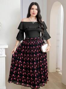 Mulvari Conjunto de 2 piezas de talla grande elegante, con blusa de hombros descubiertos y falda estampada con flores, ideal para verano - Multicolor - Ver 8