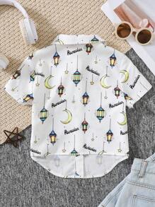 SHEIN 年轻女孩休闲领星月印花短袖前系带衬衫 - 白色 - 查看 2