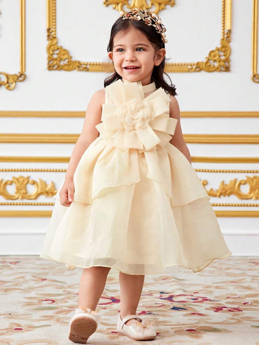 SHEIN Leap Crew Váy chữ A cổ bèo nhún đính hoa thanh lịch cho bé gái - Màu be - Xem 1