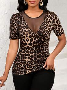 Lady Blusa casual de mujer de manga corta con panel de malla y cuello redondo con estampado de leopardo, camiseta de manga corta para uso diario - Multicolor - Ver 3