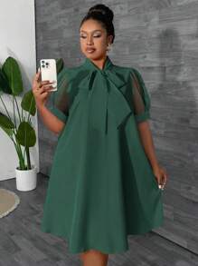 Maweii Plus Size Women's Loose Mesh Patchwork Bowknot Design Vacation Dress, Spring/Summer - Dark Green - View 4