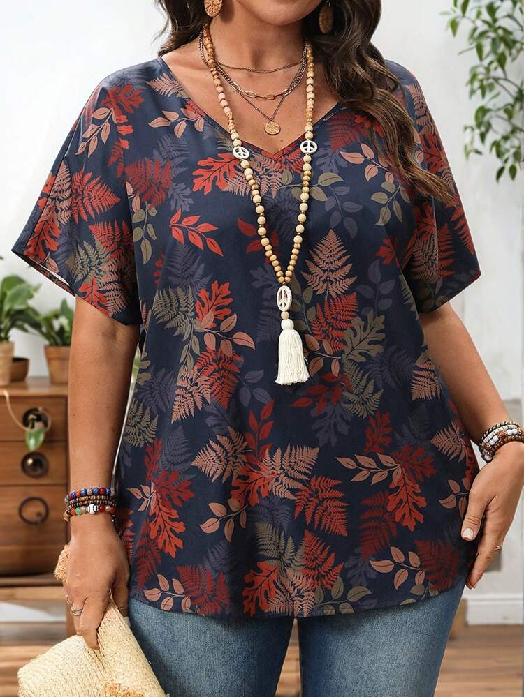 Plus Size Plant Print Batwing Sleeve Casual Vacation Blouse, Spring For Women, Western Wear Women, Tropical Vacation Woman