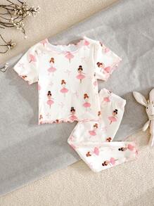 女婴卡通印花荷叶边圆领短袖上衣和裤子柔软亲肤睡衣套装，2 件 - 淺粉色 - 查看 7