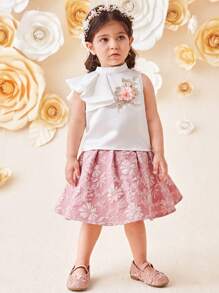 SHEIN 2 件装女婴休闲立领不对称荷叶边下摆无袖上衣和提花裙子套装 - 粉色 - 查看 6