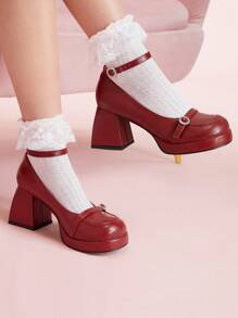 CUCCOO DOLLMOD Burgundy Round Toe Mary Jane Flats With Rhinestone Buckles, French Style, Waterproof Platform Thick High Heel Slip-On Women Shoes Spring Shoes Spring Break Easter - Burgundy - View 4