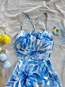 Soleia Vestido Slip Curto Estampado com Flores Azuis, Sem Costas, Verão e Primavera - Azul e Branco - Visão 7