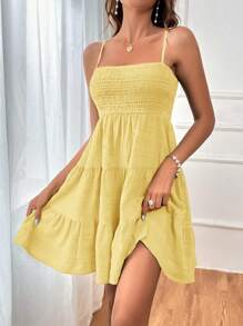 Soleia 女士纯色细肩带褶皱下摆短款休闲连衣裙