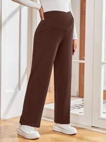 SHEIN Maternity Solid Color Adjustable Waist Straight Leg Loose Casual Pants - Brown - View 3