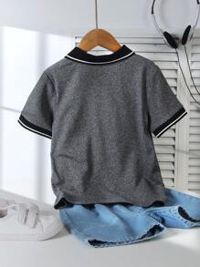 SHEIN 1 pieza Camisa polo deportiva informal para niño, diseño de bloques de color, adecuada para uso diario, escuela, salidas, actividades al aire libre, escapadas de primavera/verano, vacaciones, viajes, relajación, tomar el sol - Gris - Ver 2