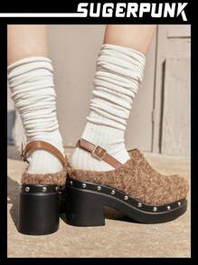 Sugerpunk Women's Fashionable Black Backstrap Wooden Clog Platform Flat Shoes Valentine's Day - Brown - View 11