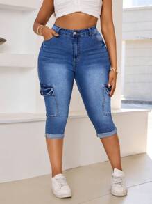 SHEIN SXY Jeggings de mezclilla elásticos y ajustados con bolsillos para mujer de talla grande, tipo capri - Azul - Ver 5