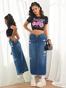 SHEIN PETITE Women Denim Skirt Casual Fitted Stretch Split Ripped Blue, Valentine's Day Denim Skirt, Y2k Denim Skirt - Medium Wash - View 5