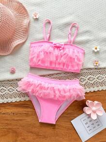 SHEIN Young Girl Solid Color Bow Decor Mesh Patchwork Ruffle Trim Adorable Swimwear Set - Baby Pink - View 6