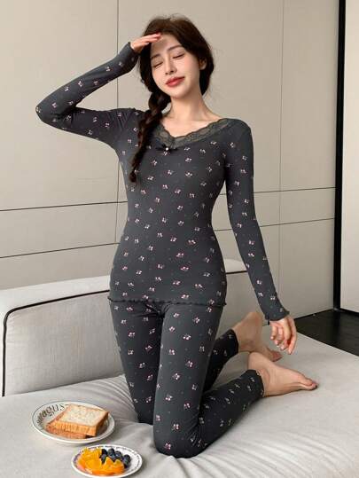 DAZY Lace Patchwork Ditsy Floral Allover Print Frilled Hem Pajama Set