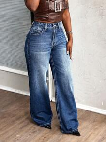 SHEIN Slayr Women's Front Button Pocket Embroidered Casual Jeans - Blue - View 3