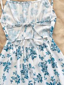 Soleia Váy ngắn chữ A hở lưng in hoa xanh trắng cho nữ, thích hợp mặc ngày lễ, tiệc tùng, mặc lót thu/đông - màu xanh lá - Xem 5