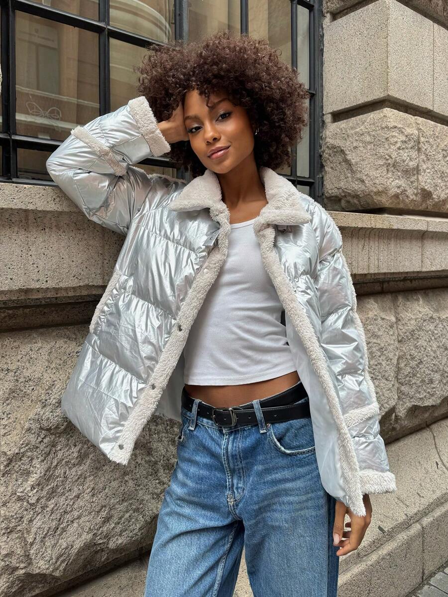 SHEIN EZwear Women's Silver Plush Casual Jacket, Simple & Fashionable For Daily Wear In Winter - Silver - View 1