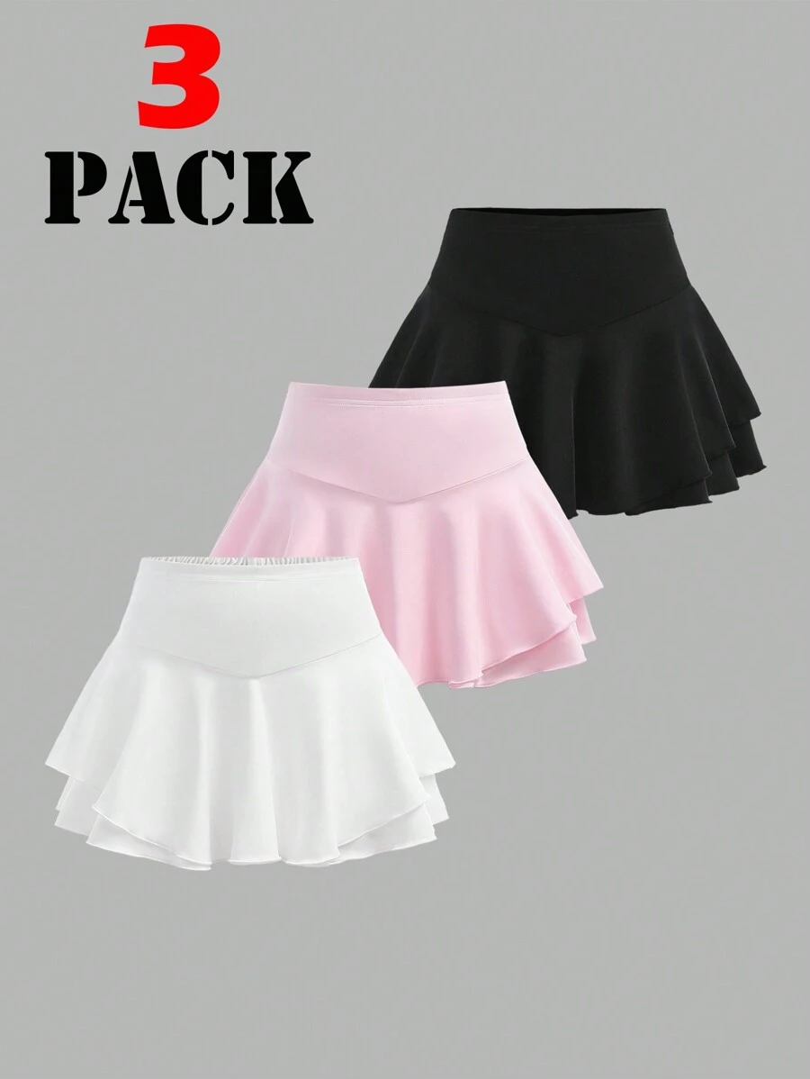 SHEIN Girlism 3pcs Tween Girls Solid Color Knit Mini Skirt + Shorts Set, Athletic Style - Multicolor - View 1