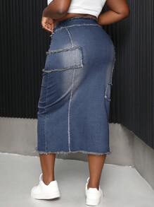 SHEIN SXY Váy denim dài buộc dây tua rua eo cỡ lớn cho nữ - Rửa trung bình - Xem 2