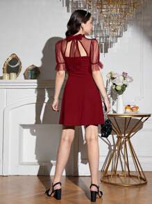 SHEIN Girlism Teen Girls' Red Knit Patchwork Sheer Mesh Ruffle Collar Bow Lantern Sleeve Burgundy Dress, New Year Clothes, Valentine's Day