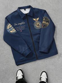 Manfinity Roghcode 男士拉链长袖字母印花时尚狂野飞行员夹克，深蓝色时尚图案夹克，适合返校外出、朋友、丈夫、男朋友的礼物，适合秋季 - 藏蓝色 - 查看 2