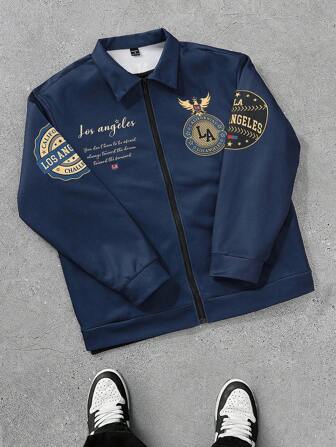 Manfinity Roghcode Men's Zip Up Long Sleeve Letter Printed Fashionable Rave Bomber Jacket, Dark Blue Fashion Graphic Jacket, For Back To School Going Out, Friends, Husband, Boyfriend Gifts, For Fall