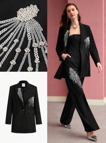 MOTF PREMIUM SEQUIN BEADED SINGLE BUTTON STRUCTURED BLAZER - Black - View 7