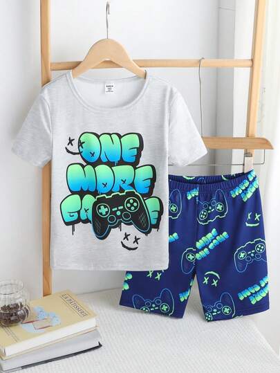 Tween Boy Grey Simple Fashionable Gaming Print Top & Shorts 2 Pieces Pajama Set