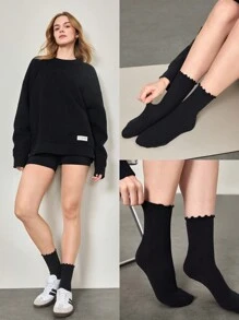 GLOWMODE Comfy Flex Seamless Toe Construction Embroidered Ruffle Socks Daily Casual - Black - View 8