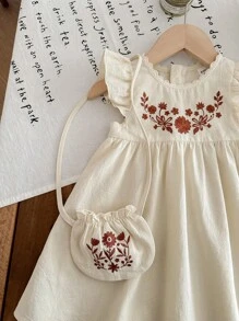 LMoss Kids LMoss Baby Girl Woven Embroidered Round Neck Ruffle Hem Dress With Diagonal Shoulder Bag,Sisters Outfit,Suitable For Spring And Summer