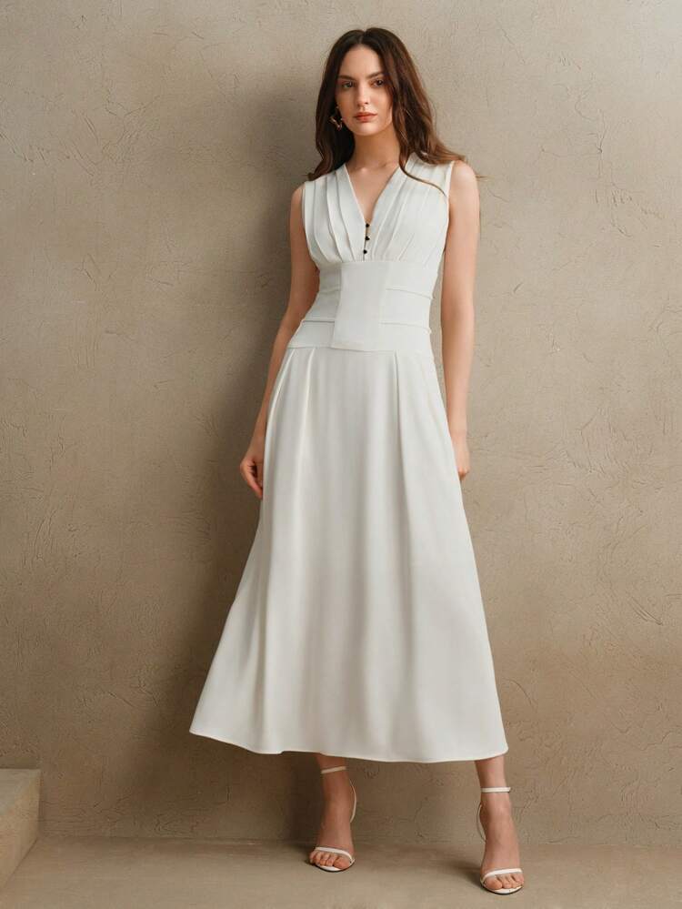 Elegant White Woven Sleeveless V-Neck Cinched Waist Summer Dress For Women, Fashion, Festival, Vacation Outfits