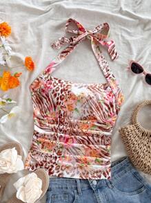 Soleia Top de punto estampado con flores tropicales y estampado de leopardo, de colores alegres, para vestir de vacaciones en primavera/verano, para mujer - Multicolor - Ver 3